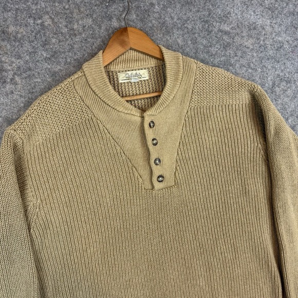Cabelas Henley Sweater Mens Large Beige Chunky Knit Fisherman Cotton Grandad - Picture 3 of 9